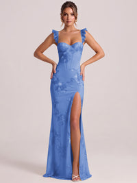 Sweetheart Floral Applique Corset Mermaid Prom Dress with High Slit