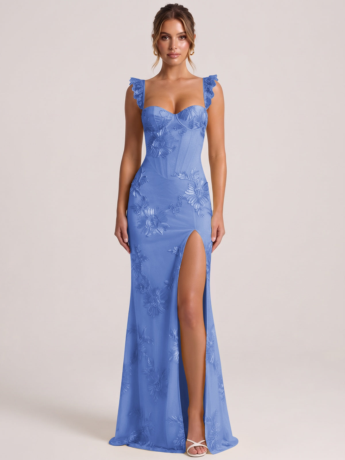 Dusty Blue Sweetheart Floral Applique Corset Mermaid Prom Dress with High Slit Long Formal Evening Gown