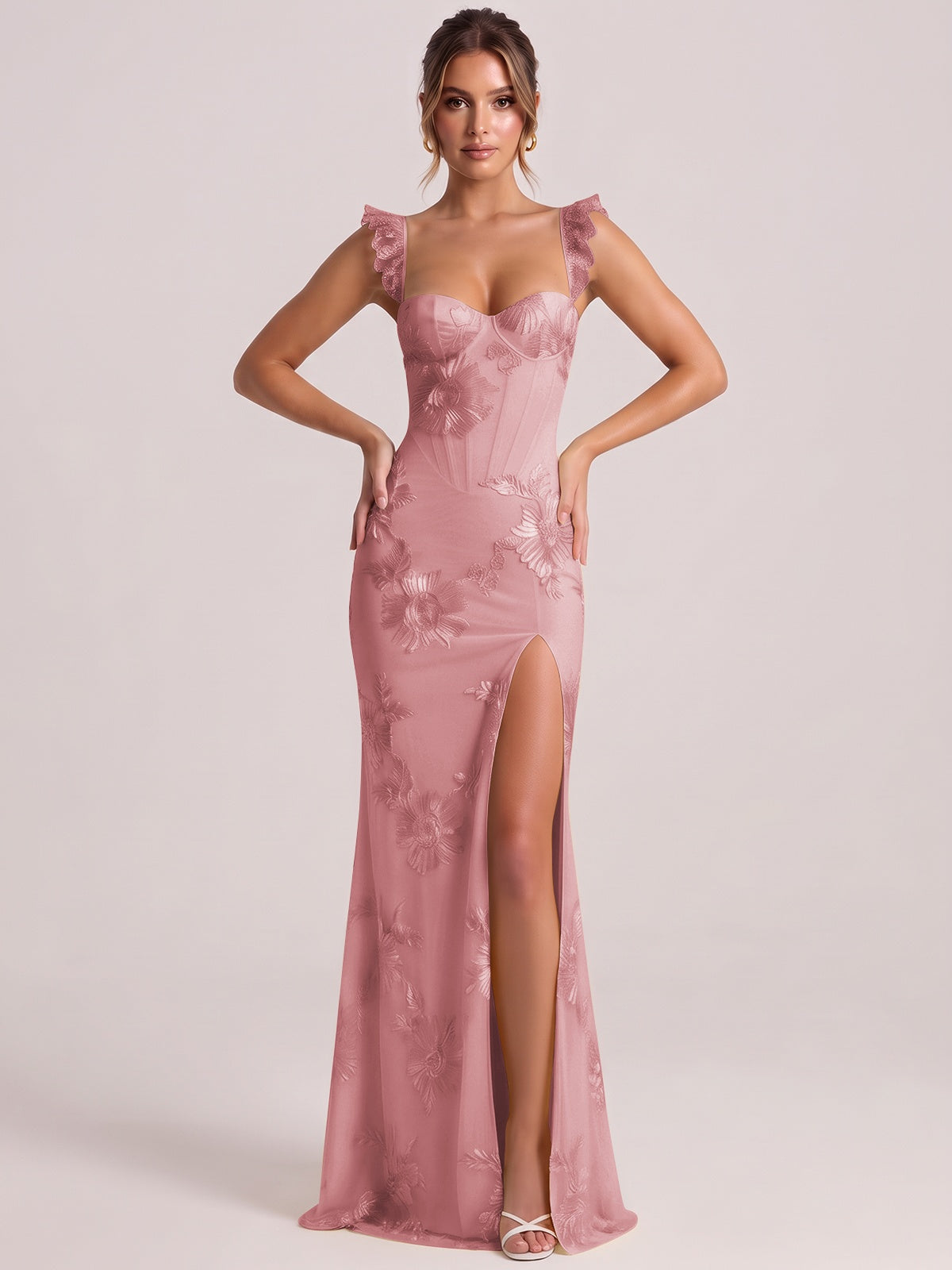 Sweetheart Floral Applique Corset Mermaid Prom Dress with High Slit