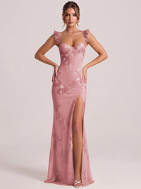 Sweetheart Floral Applique Corset Mermaid Prom Dress with High Slit