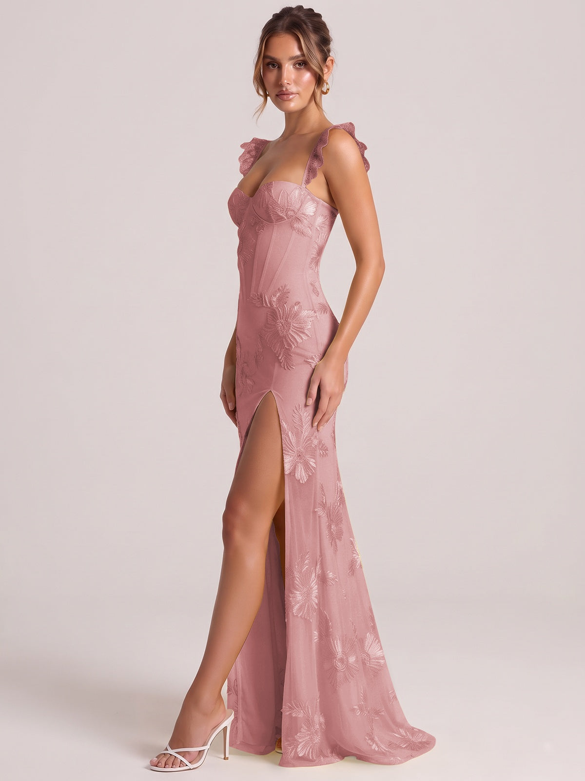 Sweetheart Floral Applique Corset Mermaid Prom Dress with High Slit