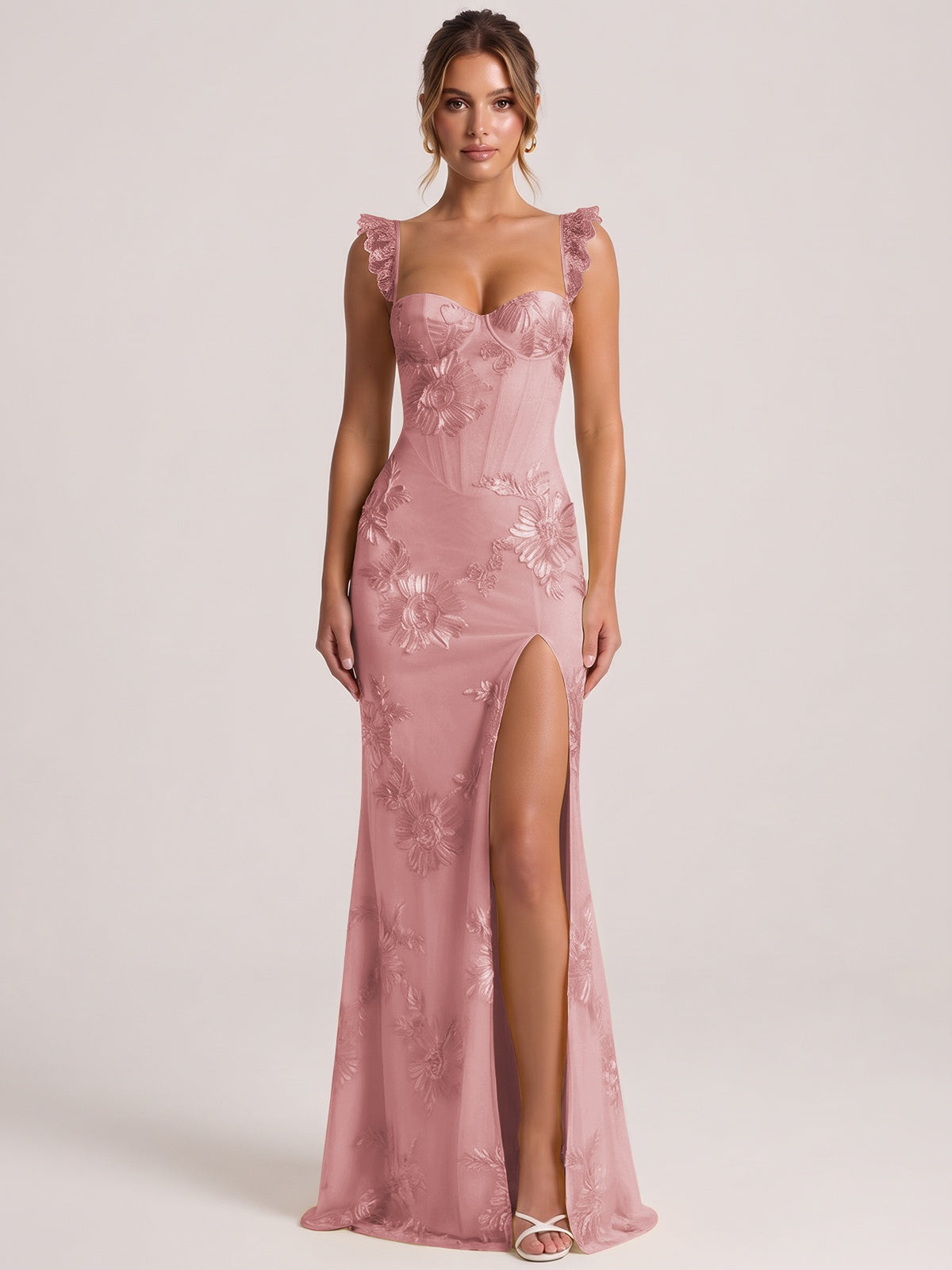 Dusty Rose Sweetheart Floral Applique Corset Mermaid Prom Dress with High Slit Long Formal Evening Gown