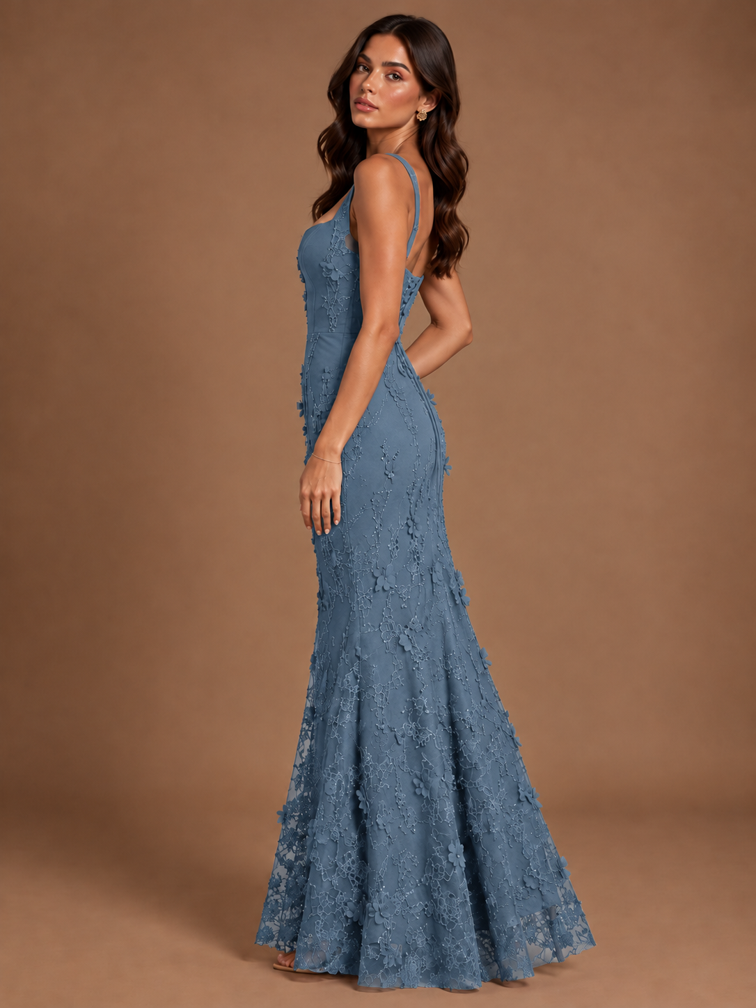Floral Applique Mermaid Formal Dress with Lace-Up Back