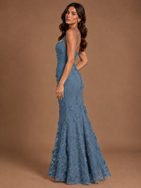 Floral Applique Mermaid Formal Dress with Lace-Up Back