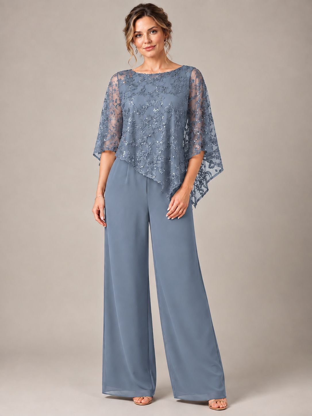 3/4 Sleeve Sequin Chiffon Jumpsuit with Cape