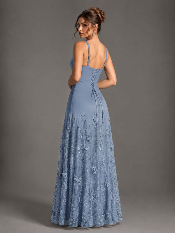A-Line Applique Tulle Chiffon V Neck Formal Dress