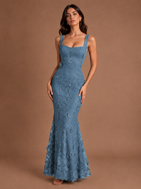 Floral Applique Mermaid Formal Dress with Lace-Up Back
