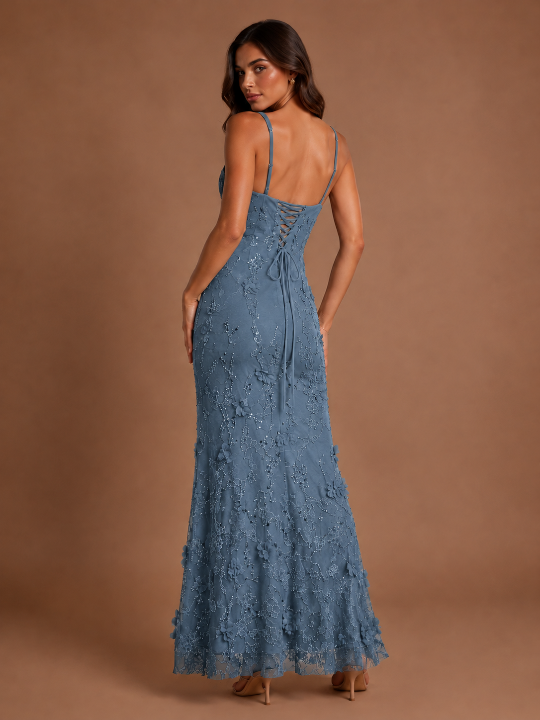Floral Applique Mermaid Formal Dress with Lace-Up Back