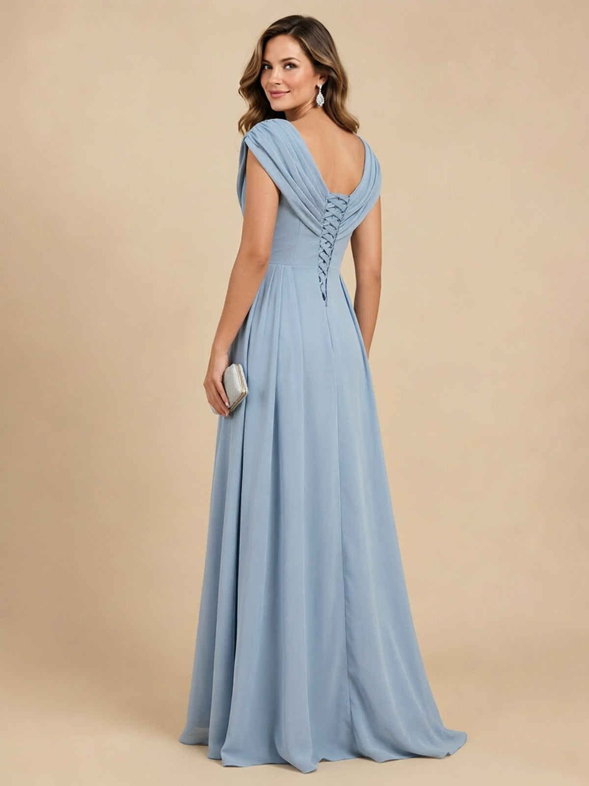 V Neck Pleated Mother of The Bride Dresses with Beading Cap Sleeves