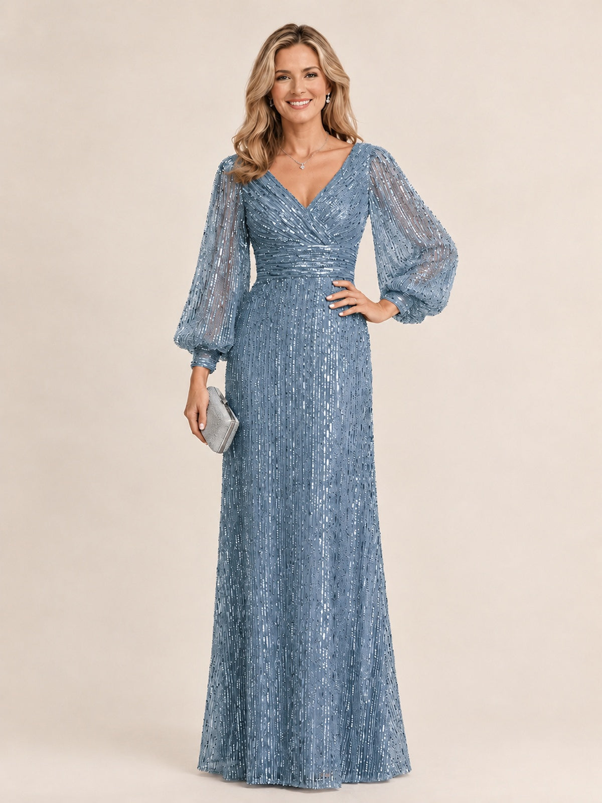 Dusty Blue Mermaid Sparkle Sequin Mother of The Bride Dresses with Long Sleeves