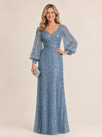 Dusty Blue Mermaid Sparkle Sequin Mother of The Bride Dresses with Long Sleeves