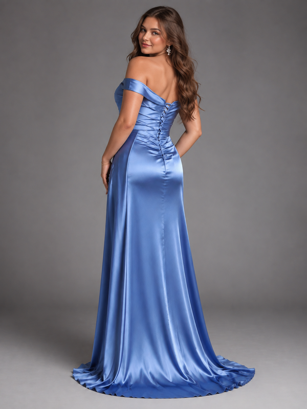 Dusty Blue Off Shoulder Satin Maxi Dress with Slit