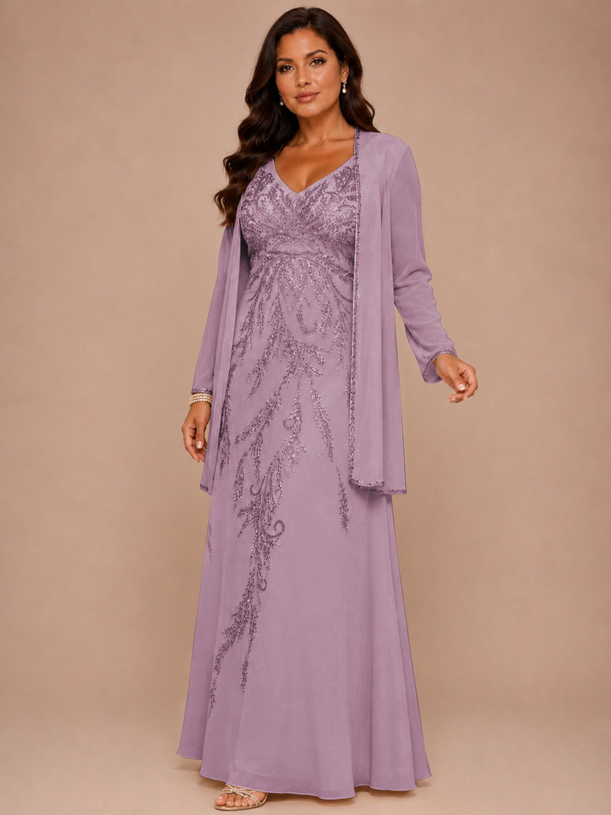 Champagne Beaded Chiffon Mother of the Bride Dress with Jacket V-Neck Gown