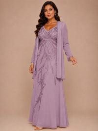 Champagne Beaded Chiffon Mother of the Bride Dress with Jacket V-Neck Gown