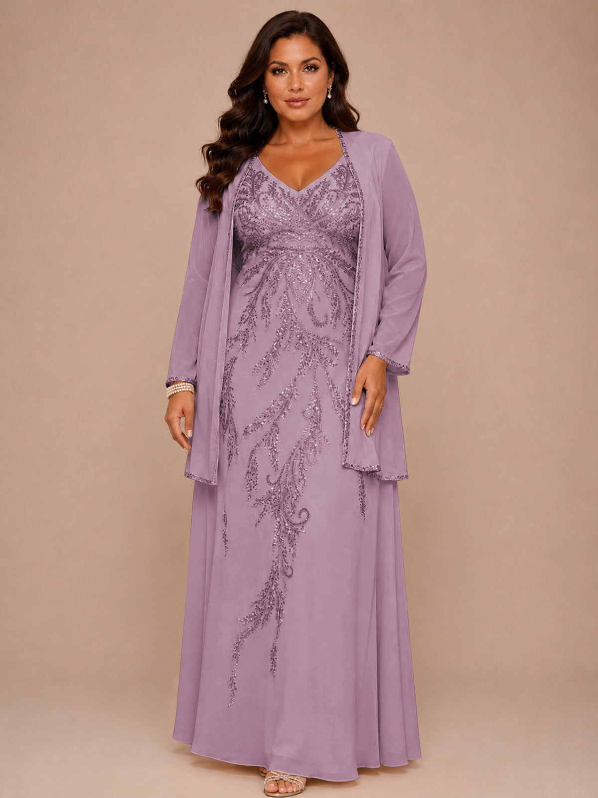 Champagne Beaded Chiffon Mother of the Bride Dress with Jacket V-Neck Gown