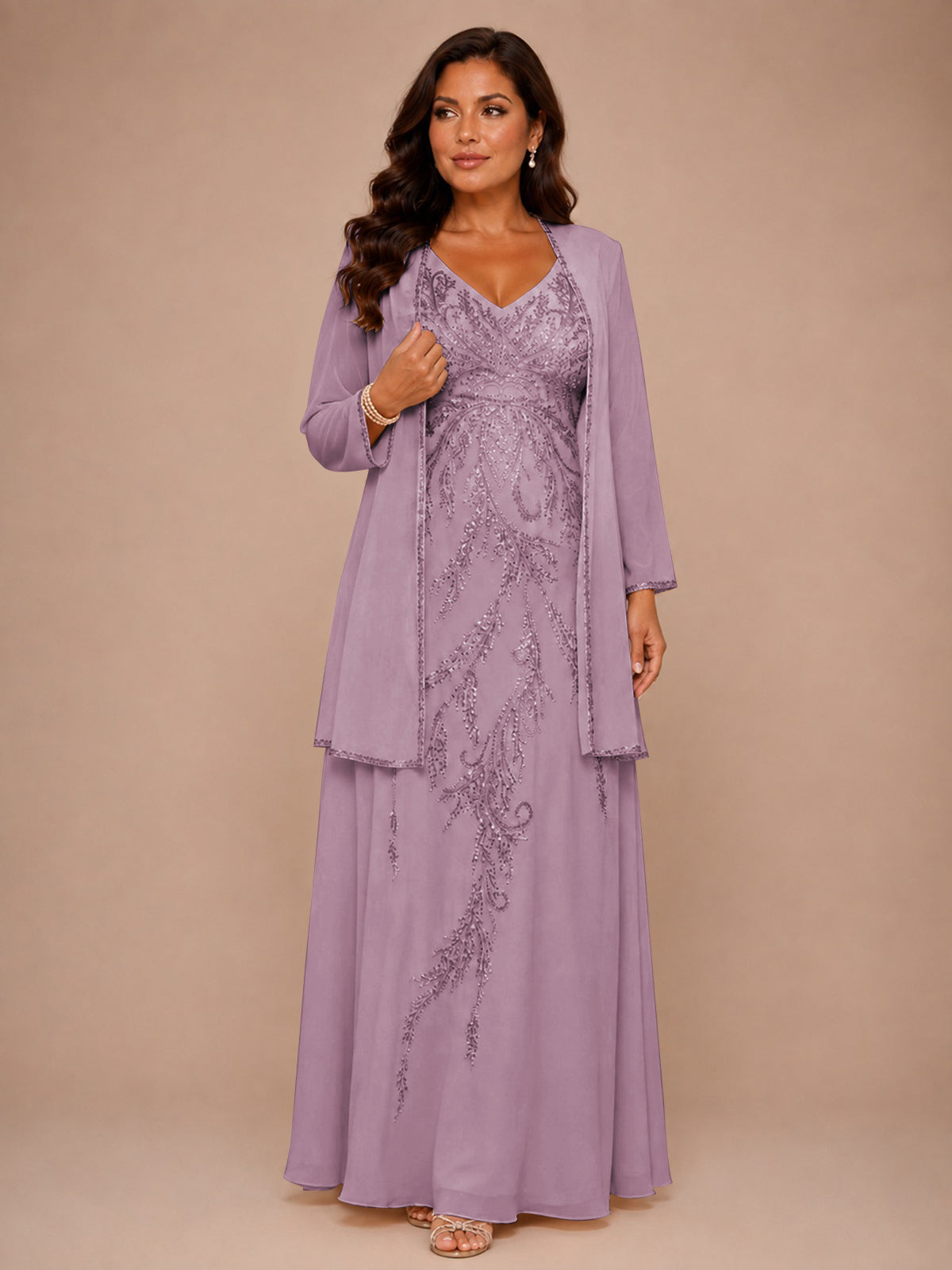Champagne Beaded Chiffon Mother of the Bride Dress with Jacket V-Neck Gown