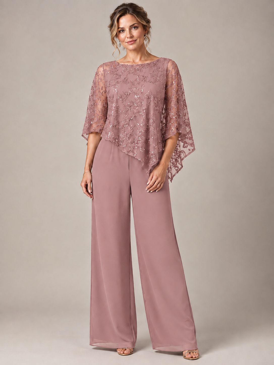 3/4 Sleeve Sequin Chiffon Jumpsuit with Cape