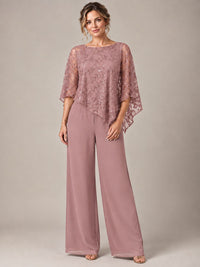 3/4 Sleeve Sequin Chiffon Jumpsuit with Cape