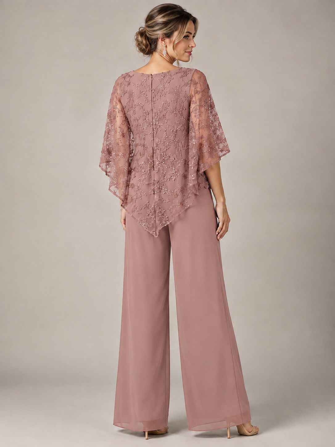 3/4 Sleeve Sequin Chiffon Jumpsuit with Cape