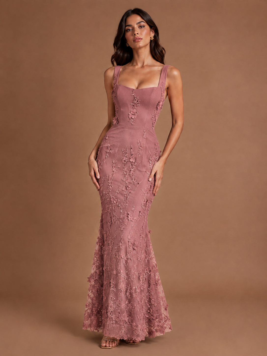 Floral Applique Mermaid Formal Dress with Lace-Up Back