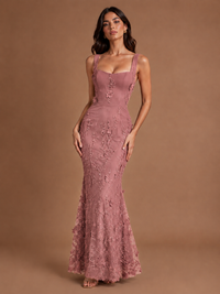 Floral Applique Mermaid Formal Dress with Lace-Up Back