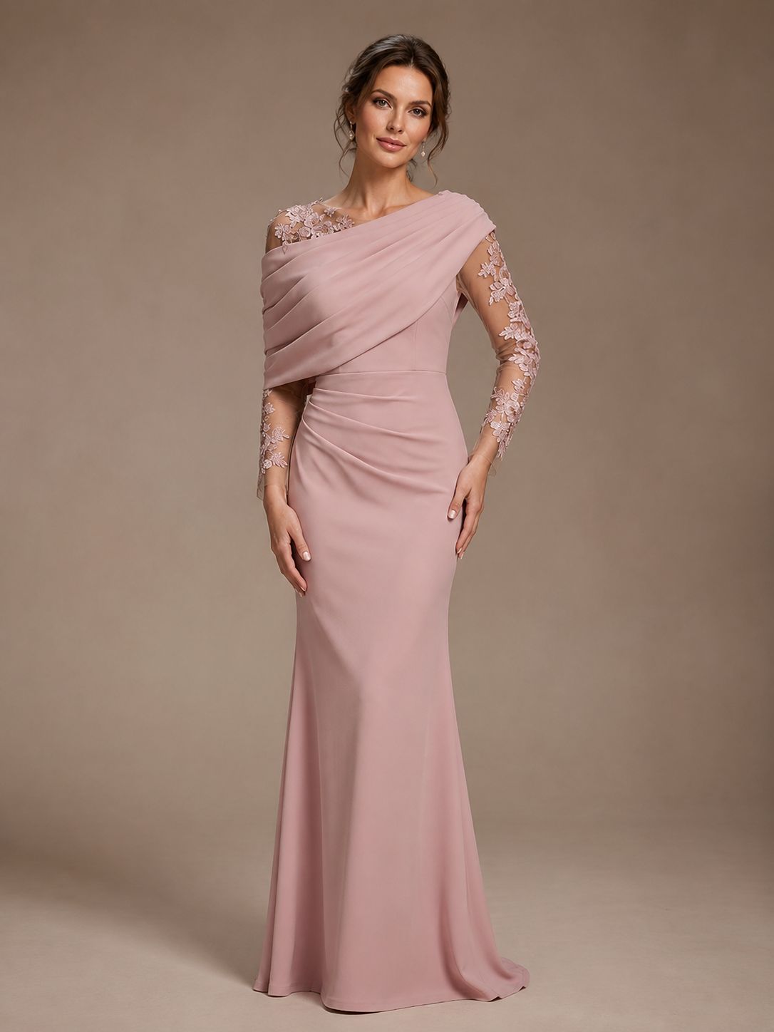 Dusty Rose Illusion Long Sleeve Chiffon Applique Mother of The Bride Dress