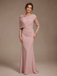 Dusty Rose Illusion Long Sleeve Chiffon Applique Mother of The Bride Dress