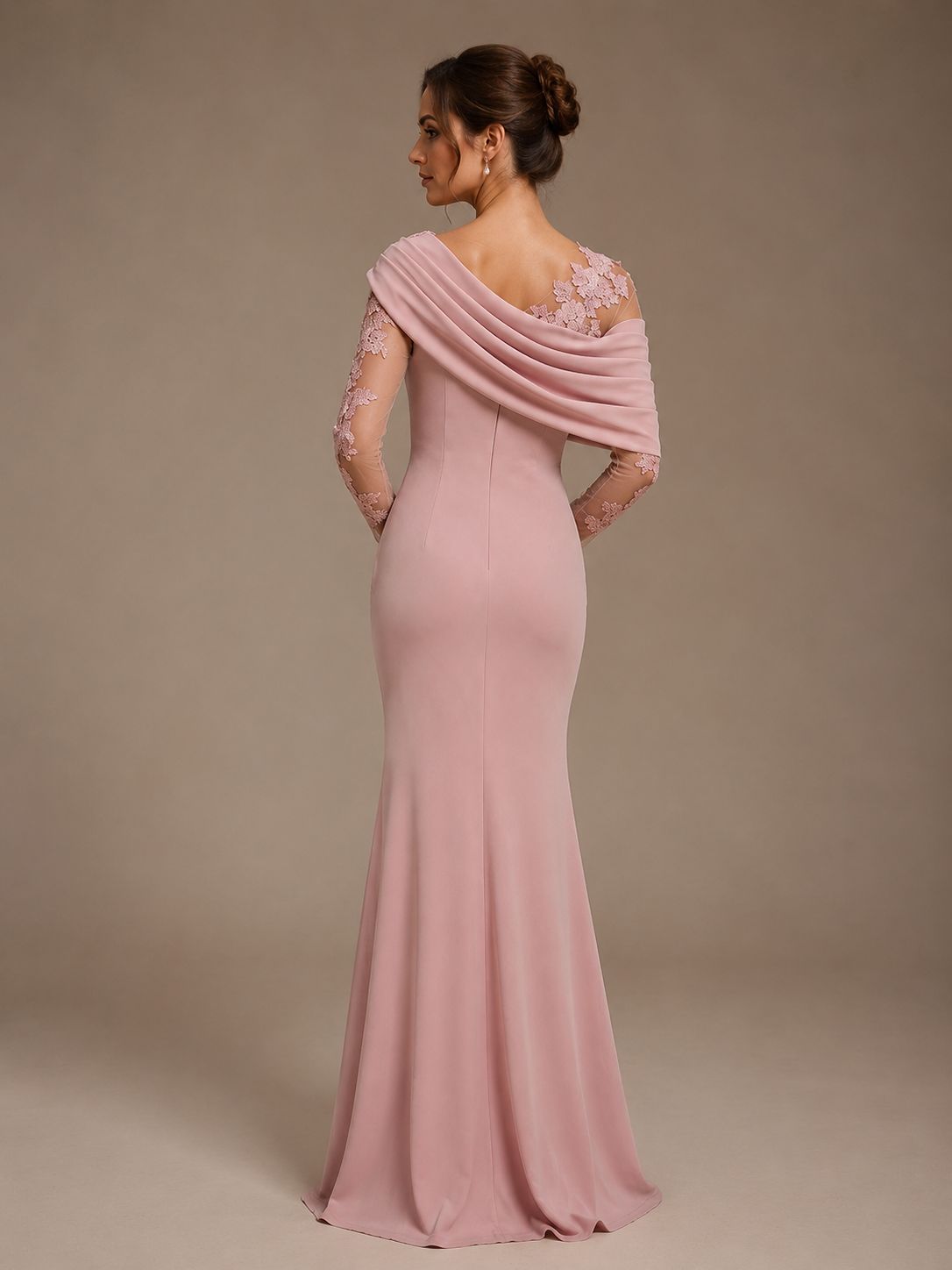Dusty Rose Illusion Long Sleeve Chiffon Applique Mother of The Bride Dress