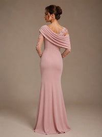 Dusty Rose Illusion Long Sleeve Chiffon Applique Mother of The Bride Dress