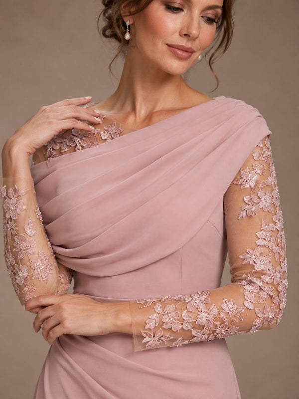 Dusty Rose Illusion Long Sleeve Chiffon Applique Mother of The Bride Dress