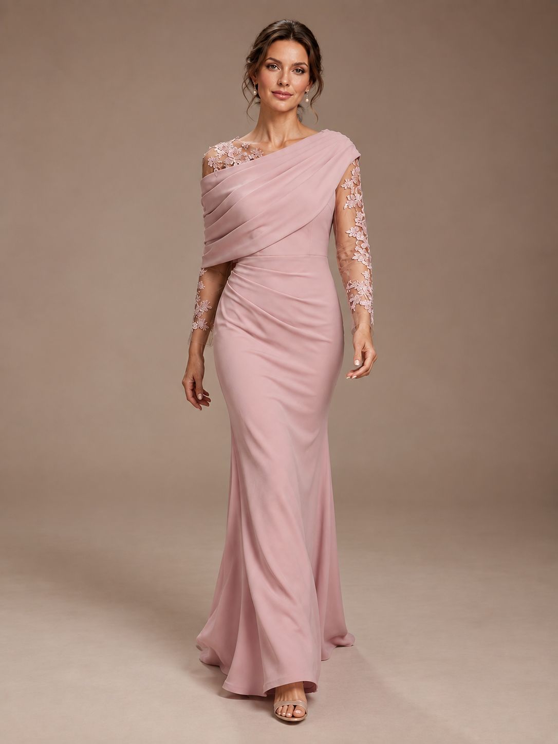 Dusty Rose Illusion Long Sleeve Chiffon Applique Mother of The Bride Dress