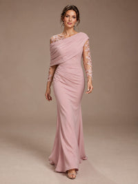 Dusty Rose Illusion Long Sleeve Chiffon Applique Mother of The Bride Dress
