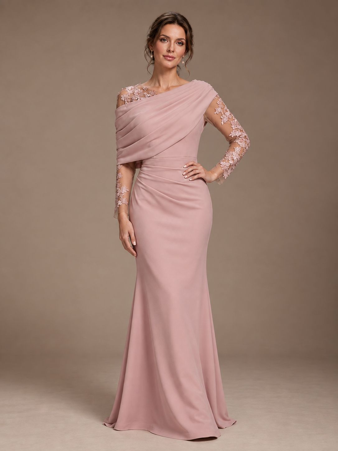 Dusty Rose Illusion Long Sleeve Chiffon Applique Mother of The Bride Dress