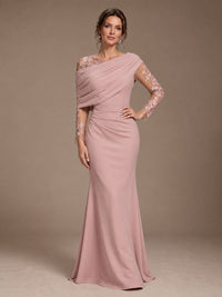 Dusty Rose Illusion Long Sleeve Chiffon Applique Mother of The Bride Dress