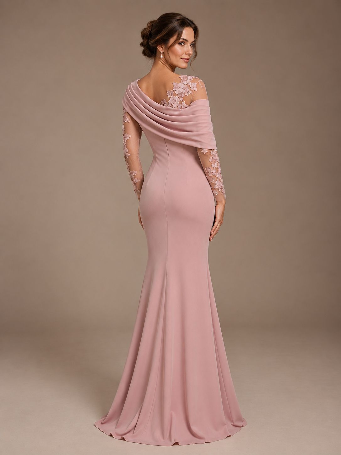 Dusty Rose Illusion Long Sleeve Chiffon Applique Mother of The Bride Dress
