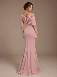 Dusty Rose Illusion Long Sleeve Chiffon Applique Mother of The Bride Dress