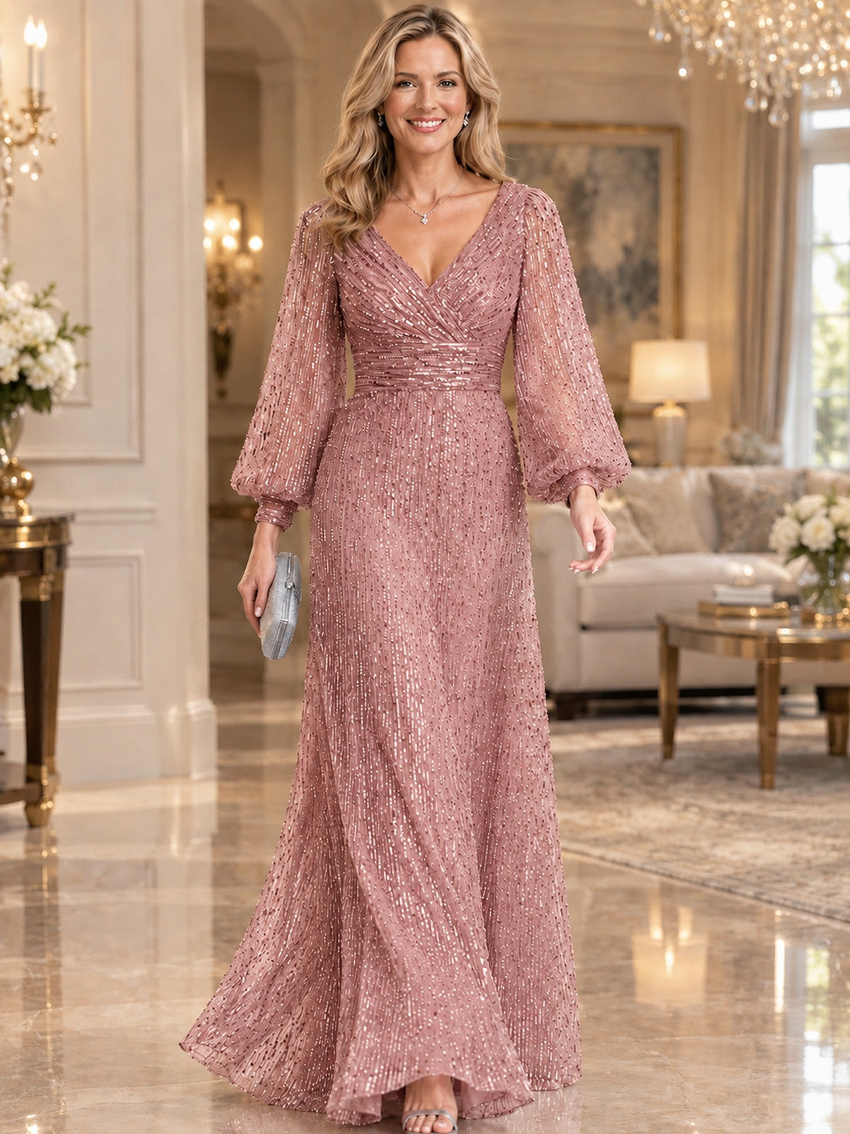 Mermaid Sparkle Sequin Mother of The Bride Dresses with Long Sleeves