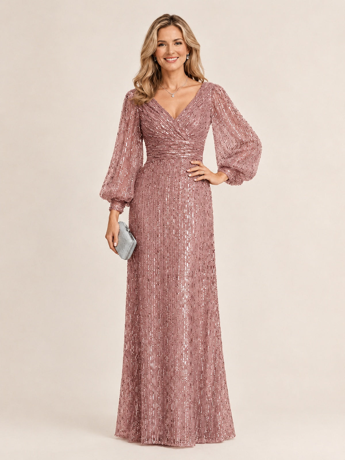 Dusty Rose Mermaid Sparkle Sequin Mother of The Bride Dresses with Long Sleeves