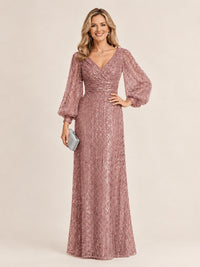 Dusty Rose Mermaid Sparkle Sequin Mother of The Bride Dresses with Long Sleeves