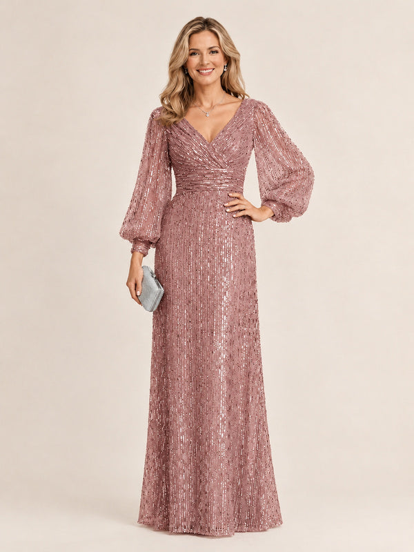Dusty Rose Mermaid Sparkle Sequin Mother of The Bride Dresses with Long Sleeves