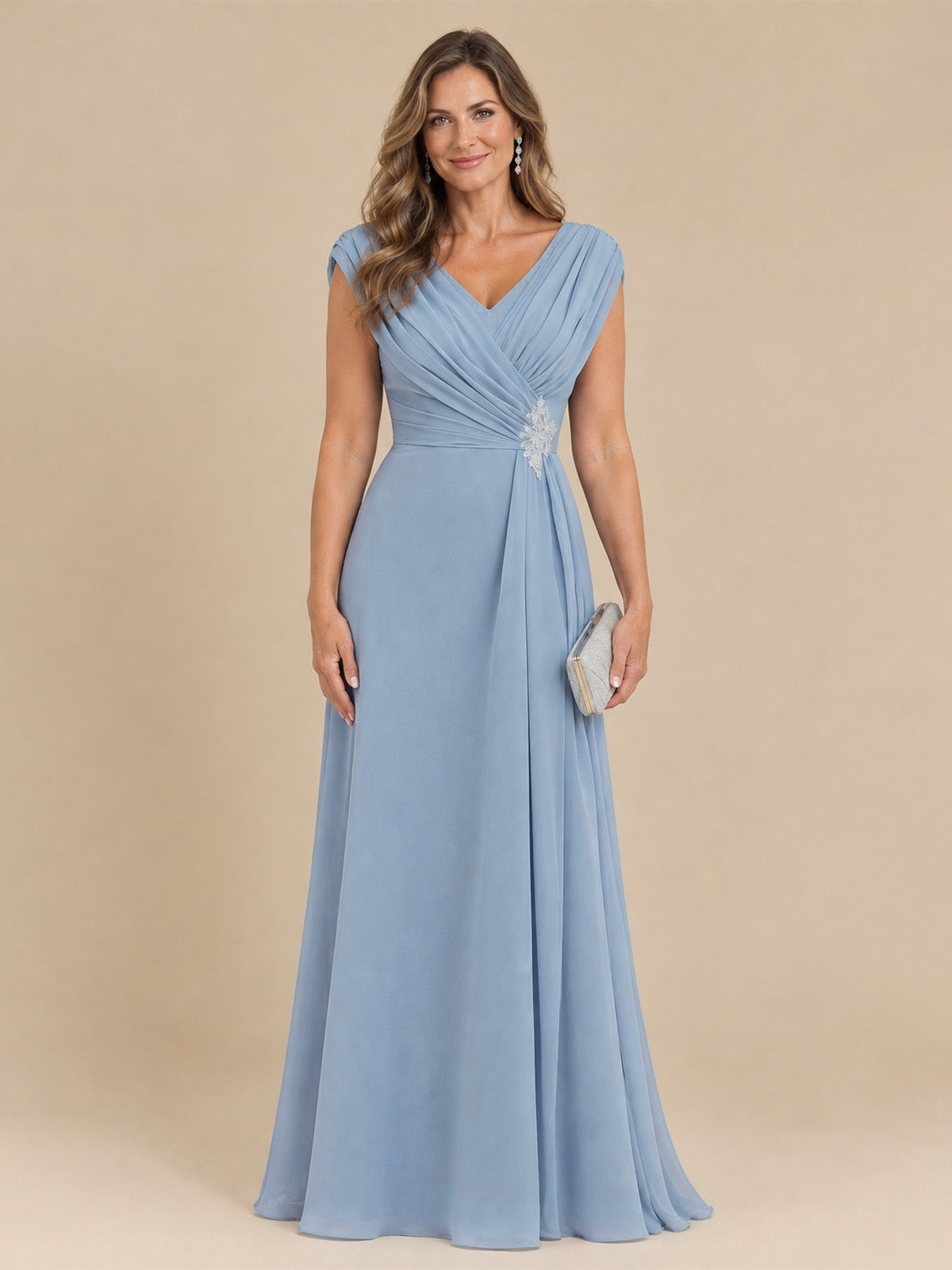 V Neck Pleated Mother of The Bride Dresses with Beading Cap Sleeves
