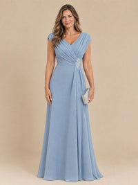 V Neck Pleated Mother of The Bride Dresses with Beading Cap Sleeves