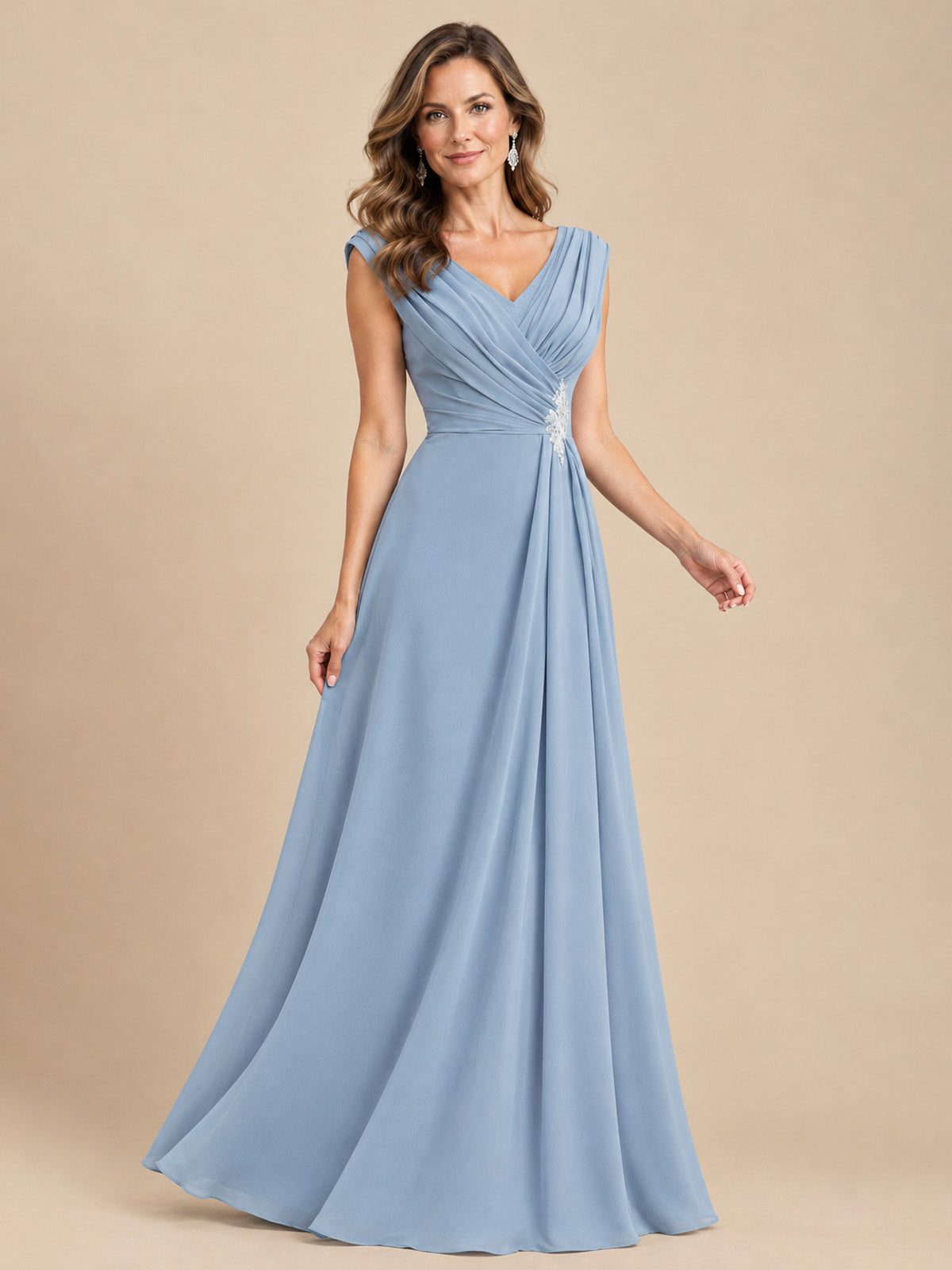 V Neck Pleated Mother of The Bride Dresses with Beading Cap Sleeves