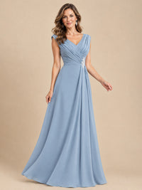 V Neck Pleated Mother of The Bride Dresses with Beading Cap Sleeves