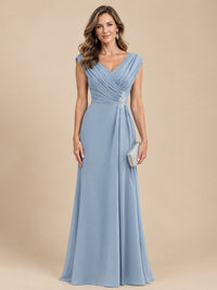 V Neck Pleated Mother of The Bride Dresses with Beading Cap Sleeves
