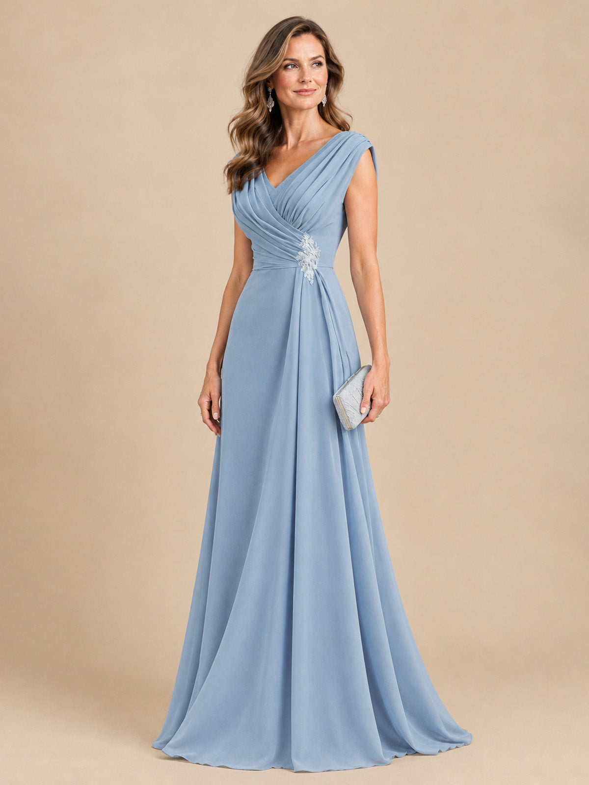V Neck Pleated Mother of The Bride Dresses with Beading Cap Sleeves