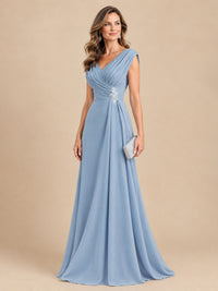 V Neck Pleated Mother of The Bride Dresses with Beading Cap Sleeves