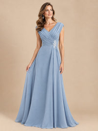 V Neck Pleated Mother of The Bride Dresses with Beading Cap Sleeves