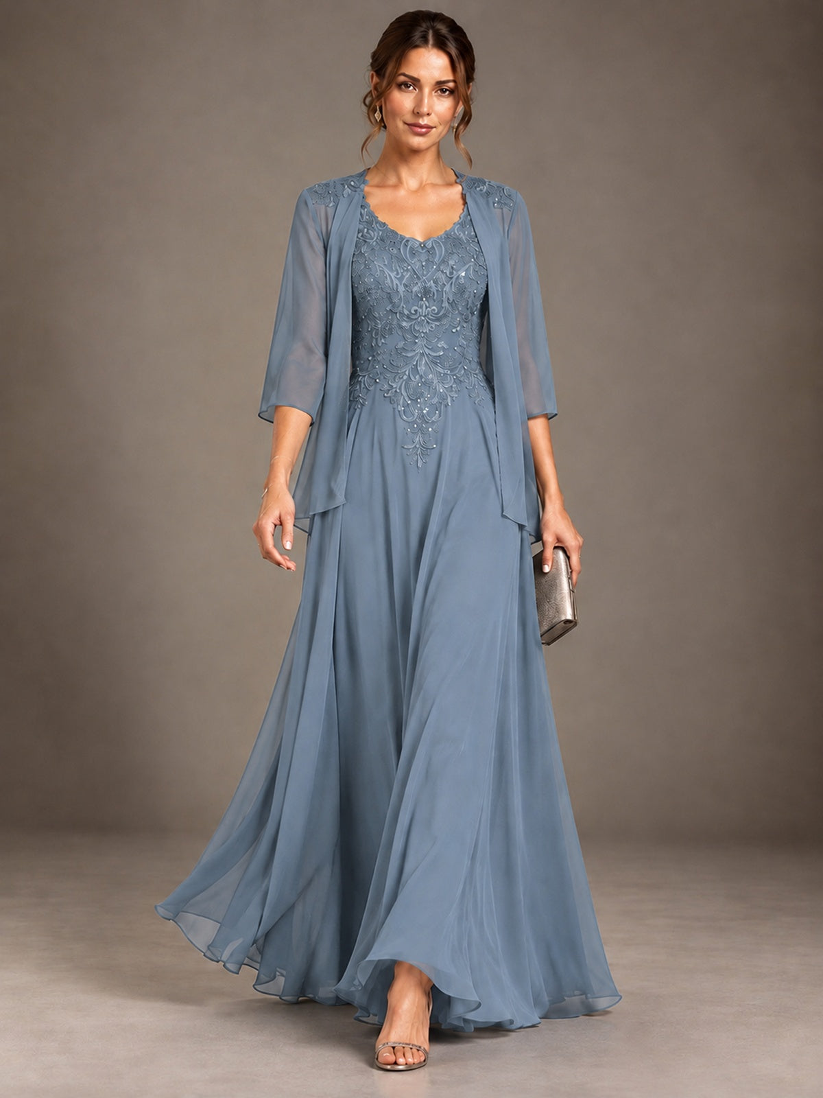 A-line 2 Pieces Chiffon Appliques Mother of The Bride Dresses with Jackets