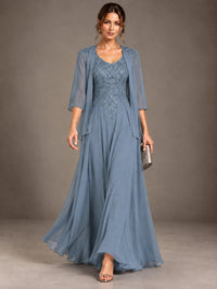 A-line 2 Pieces Chiffon Appliques Mother of The Bride Dresses with Jackets